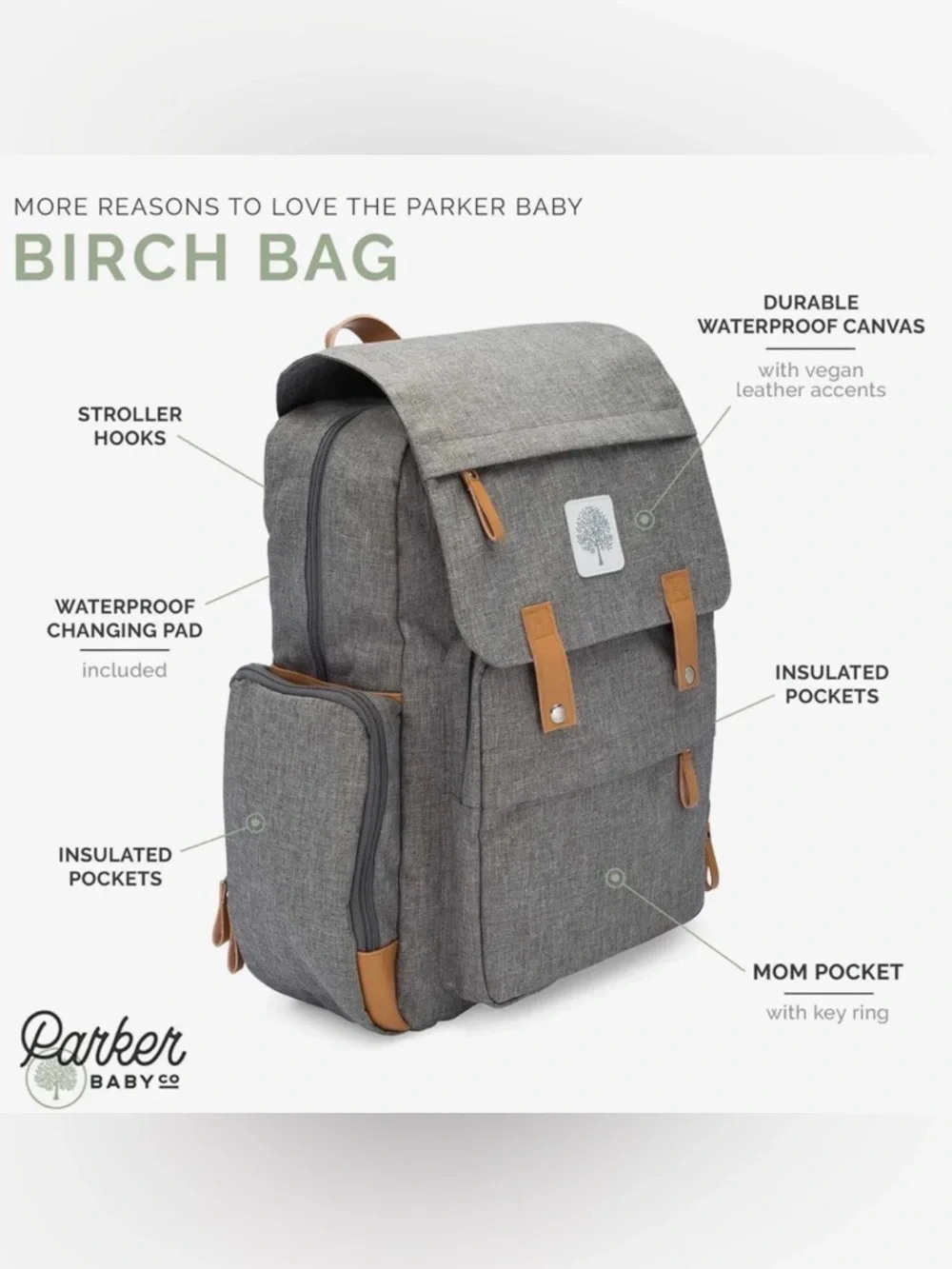 Parker Baby Co. Birch Bag - Diaper Backpack - Gray
